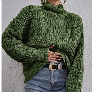 Casual High Neck Marled Knit Sweater Top Green